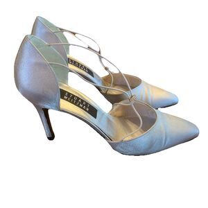 Stuart Weitzman Silver Metallic Shoes Heels Sz 8.5B Rhinestone Strap Vamp Party